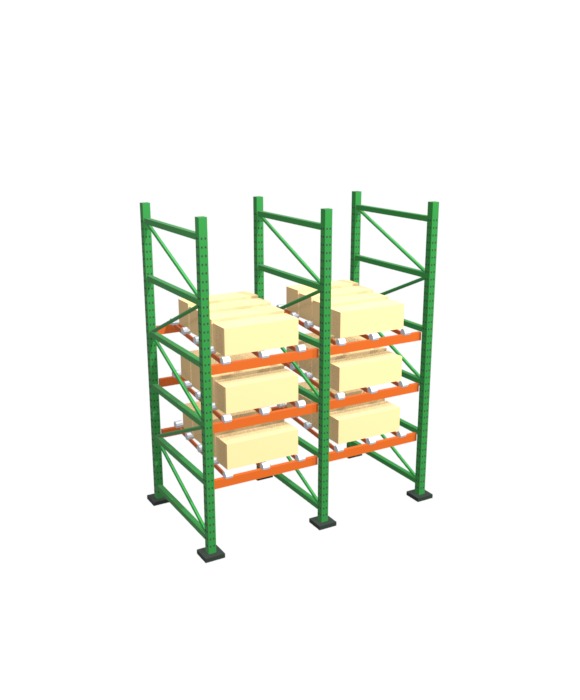 3D animation of a carton flow rack assembling itself: a deep teardrop bay goes up, tilted wheel-bed shelves slide in pitched toward the pick face, and cartons load at the rear and flow forward to queue first-in first-out behind the stop lip