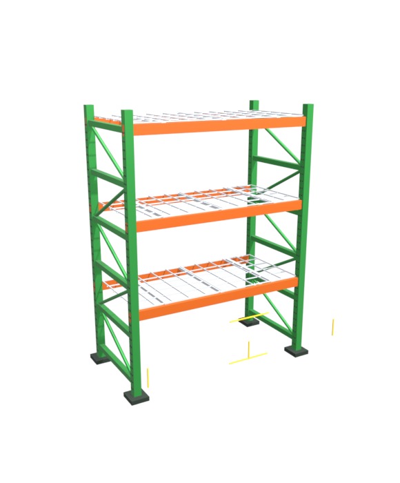 3D animation of rack decking and accessories installing themselves: a selective bay goes up, waterfall wire mesh decks drop into the beam steps, column protectors and end-of-aisle guards bolt on, and cartons sit safely right on the wire decks
