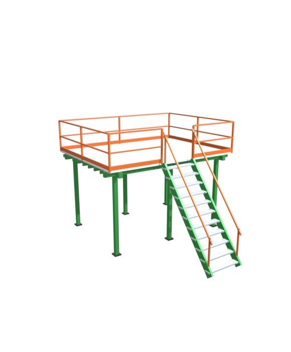3D animation of a structural steel mezzanine assembling itself: columns rise on base plates, girders and joists frame the platform, deck panels slide in, OSHA guardrail with toe plates surrounds the edge, and a staircase with handrails completes the access