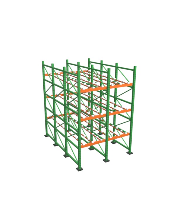 3D animation of a pallet flow rack assembling itself: deep frames rise, beams pitch the lanes toward the pick face, gravity roller lanes with speed controllers slide in, and pallets load at the rear and roll forward to queue first-in first-out