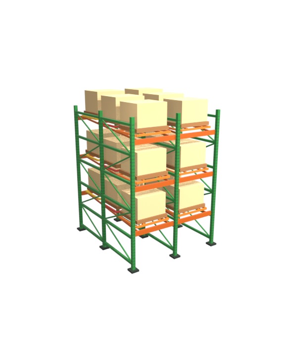 3D animation of a push-back rack assembling itself: teardrop frames and beams go up, inclined rails with nested color-coded carts slide in, and each pallet loaded at the front pushes the lane back one position