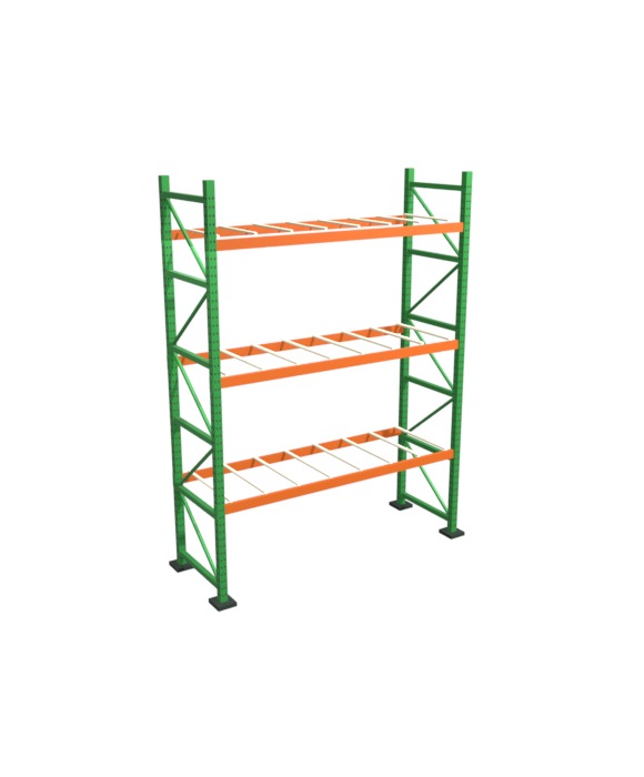 3D animation of a selective pallet rack assembling itself: footplates anchor, upright frames rise, step beams lock into the teardrop columns, pallet support bars span the levels, and loaded wood pallets are set down on every level